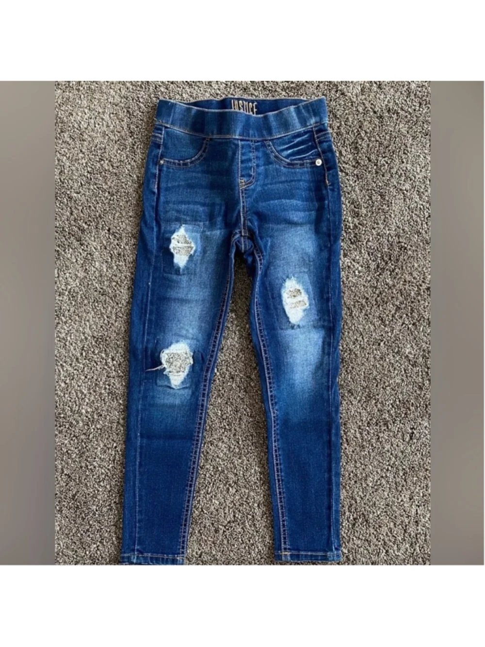 Justice Girls Jeans Blue Distressed Jegging Glitter Detail Size 7